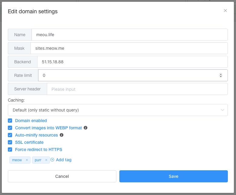 Domain editing form